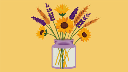 Naklejka premium Bringing a touch of the countryside indoors a mixture of sunflowers lavender and wheat stalks are thoughtfully arranged in a rustic mason jar perfect.