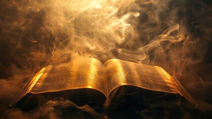 Open bible on a dark background with rays of light and smoke