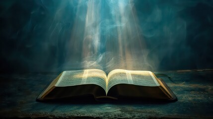 Open bible on a dark background with rays of light and smoke