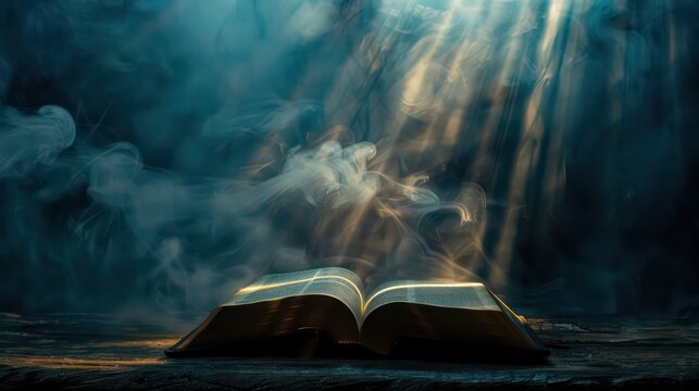 Open bible on a dark background with rays of light and smoke