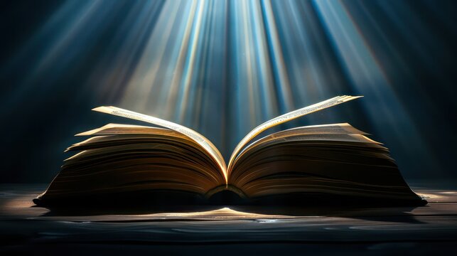 Open bible on a dark background with rays of light and smoke