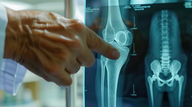 Orthopedic surgeon doctor examining patient's knee joint x-ray films, MRI bone, CT scan in at radiology orthopedic unit, hospital background. knee joint film x ray - Powered by Adobe