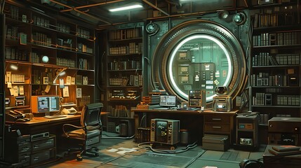 A computer room with a large window and a lot of books