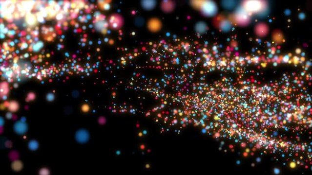 4K Bokeh lights. Holiday motion background. Glowing particle abstract. 2160p 60fps. Exploding particles. 3d rendering. Isolated on black effect. 2025 Trend footage. Colorful