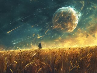 A person is sitting in a field of tall grass - obrazy, fototapety, plakaty