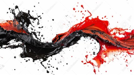 Black and red liquid collide and burst, creating a mesmerizing splash on a stark white canvas.