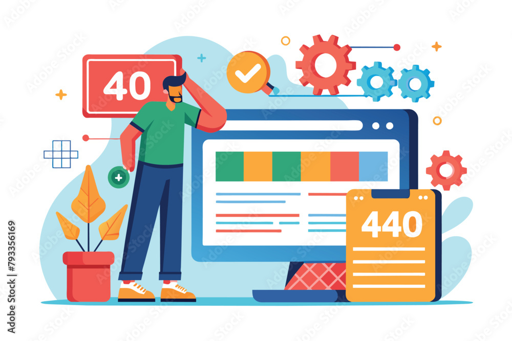 Poster man standing in front of computer screen, worker fix screen page not found 404, simple and minimalis