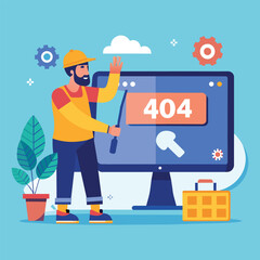 Man Standing in Front of Computer Screen, worker fix screen page not found 404, Simple and minimalist flat Vector Illustration