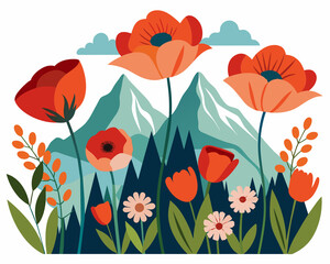 Red poppies background. Summer landscape with red poppies and mountains. 