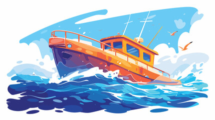 Vector sketch painting boat on water postcard. arts