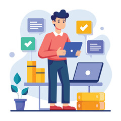 A worker organizing documents and data on a laptop computer, Worker organizing documents and data, Simple and minimalist flat Vector Illustration