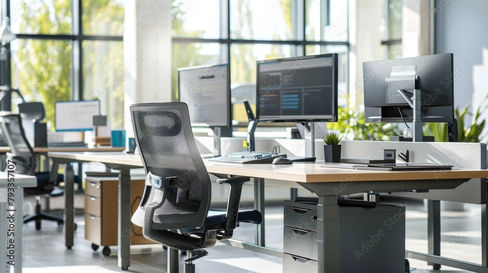Poster busy office with multiple computer screens and desks
