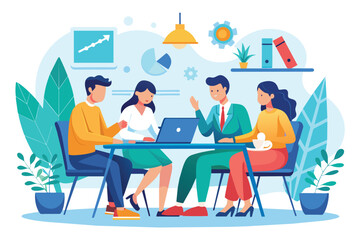 Group of People Sitting at Table With Laptop, Workers are sitting at the negotiating table, collective thinking and brainstorming, company information analytics, Simple and minimalist flat Vector Illu