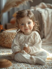 Fototapeta premium Toddler Girl Holding a Toy with Adorable Gaze