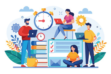 Diverse group of workers collaborating around a computer, discussing and working on tasks together, Workers carry out time management, Simple and minimalist flat Vector Illustration