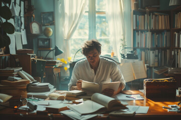 Fototapeta premium A person engrossed in reading amidst a cluttered study room filled with books and papers.