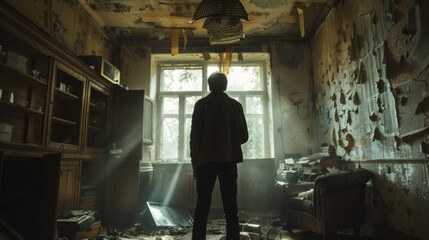 A silhouette of a person standing in a derelict room with sunlight filtering through a window.