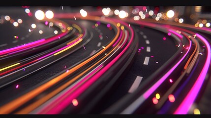 A colorful, abstract image of a road with a bright pink line