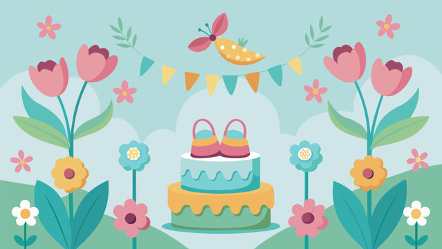 A garden party with a Buds to Blooms theme celebrating the blooming of the babys journey with flower decorations and a cake topped with a tiny