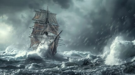 3d render illustration digital painting the ship lies on its side trying to move forward in the stormy sea - obrazy, fototapety, plakaty