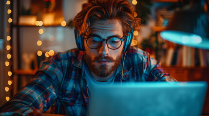 Obraz premium Focused software developer working late in a cozy office, surrounded by warm ambient lighting.
