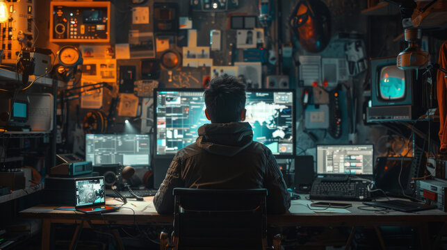 Software developer working in a tech-filled room with multiple monitors displaying code.