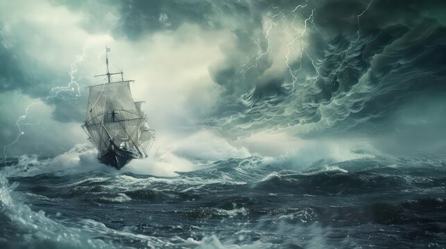 3d render illustration digital painting the ship lies on its side trying to move forward in the stormy sea