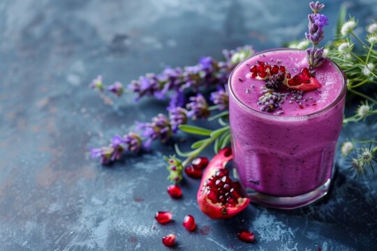 Purple smoothie with lavender and pomegranate seeds in a glass on a table