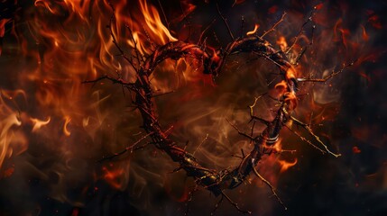 The Sacred Heart, a crown of thorns in the shape of a heart on fire background with copy space - obrazy, fototapety, plakaty