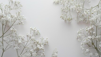 Create a beautiful floral arrangement featuring delicate white flowers against a white backdrop in this wedding mockup adorned with small Gypsophila Baby s breath blossoms The flat lay pers - obrazy, fototapety, plakaty