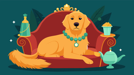 A luxurious golden retriever lounges on a velvet throne surrounded by designer flea and tick collars and a crystal water bowl with her name engraved.