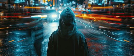 Man in hoodie with light trails on the street at night. - obrazy, fototapety, plakaty
