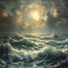 Ein stÃ¼rmischer Ozean mit hohen Wellen unter einem dramatischen Himmel --stylize 750 Job ID: 6baf124e-fccf-4077-b062-b083b3f74c8c