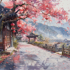 Ein friedlicher Zen-Garten mit KirschblÃ¼ten, die im Wind wehen --stylize 750 Job ID: fd43f5e1-433b-47e0-a63d-7298b8997b4a