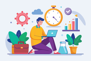 A man sitting on the floor is focused on working on his laptop, working with time constraints, Simple and minimalist flat Vector Illustration