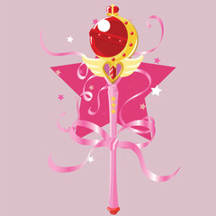 cetro redondo magico rojo con diamantes y lazos 