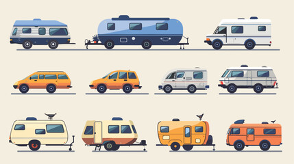 Car and trailers caravan set. Vector flat style illustration
