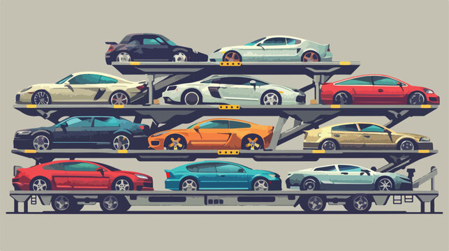Car carrier loaded with various cars. Vector illustration