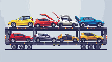 Car carrier loaded with various cars isolated. Vector