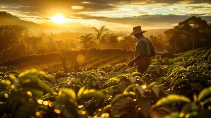 Work in the coffee field at sunset by a farmer - obrazy, fototapety, plakaty