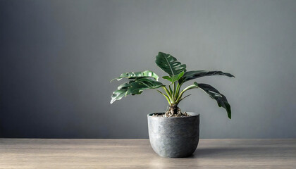 Potted plants on the table, stylish gray wall background material. Background material for simple modern proposal materials.