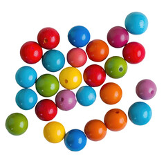 A top down view of multicolored wooden beads arranged on a white wooden surface set against a transparent background with room for text