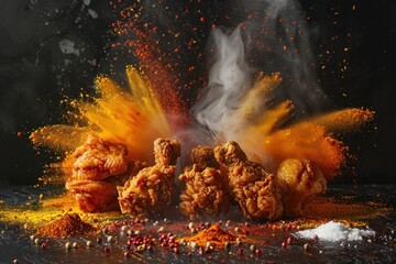 Against the black canvas, a feast unfolds – fried chicken juxtaposed with vibrant spices, promising an explosion of flavor.