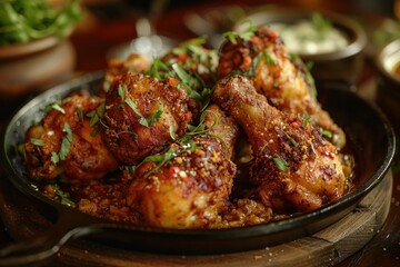 Fototapeta premium Against the darkness, a beacon of flavor shines – crispy chicken partnered with an assortment of spices, promising a taste adventure.