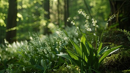 In the springtime forest you can spot the delicate white flowers of the Lily of the Valley Convallaria majalis