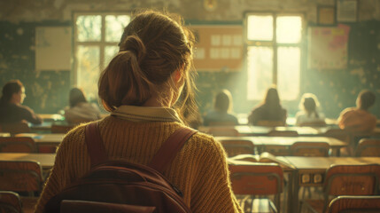 A teacher stands before students seated at desks in a sunlit classroom from a rear wide-angle view.