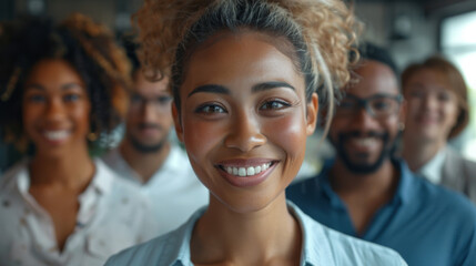 Fototapeta premium A diverse group of businesspeople smiling at the camera, with focus on a woman in the foreground.