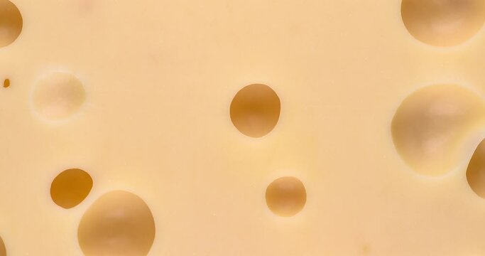 Video close up texture of yellow cheese. Cheese with big holes. Food video background