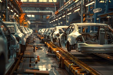 A car factory. The skeletons of the cars are on a conveyor belt.