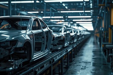 A car factory. The skeletons of the cars are on a conveyor belt. - obrazy, fototapety, plakaty